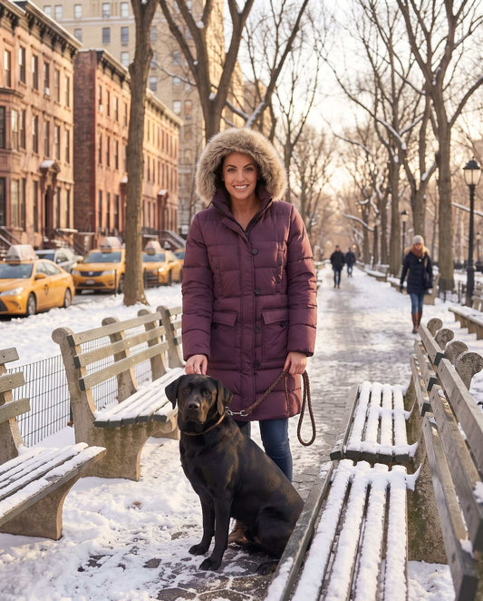 A woman in a purple, fur-trimmed puffer jacket stands on a snowy Central Park path, smiling at the camera, with a black Labrador retriever sitting beside her on a leash