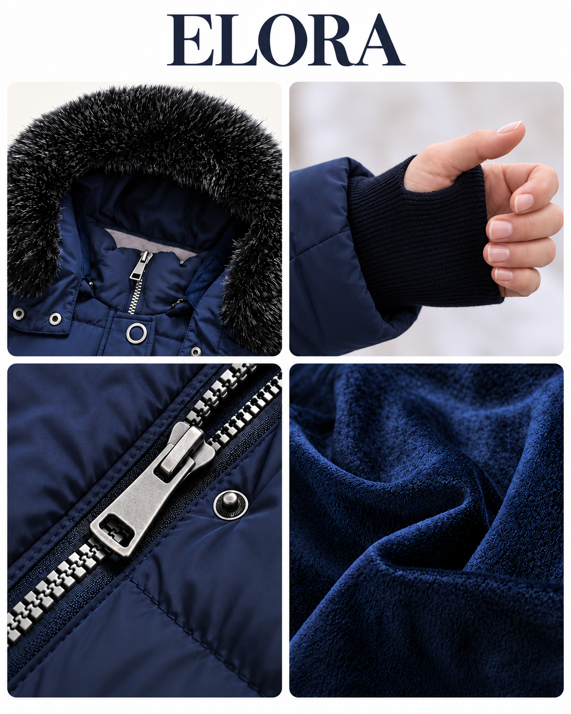 ELORA 2566-8 navy winter coat details: faux fur hood trim, thumbhole cuff, front zipper and fleece lining.