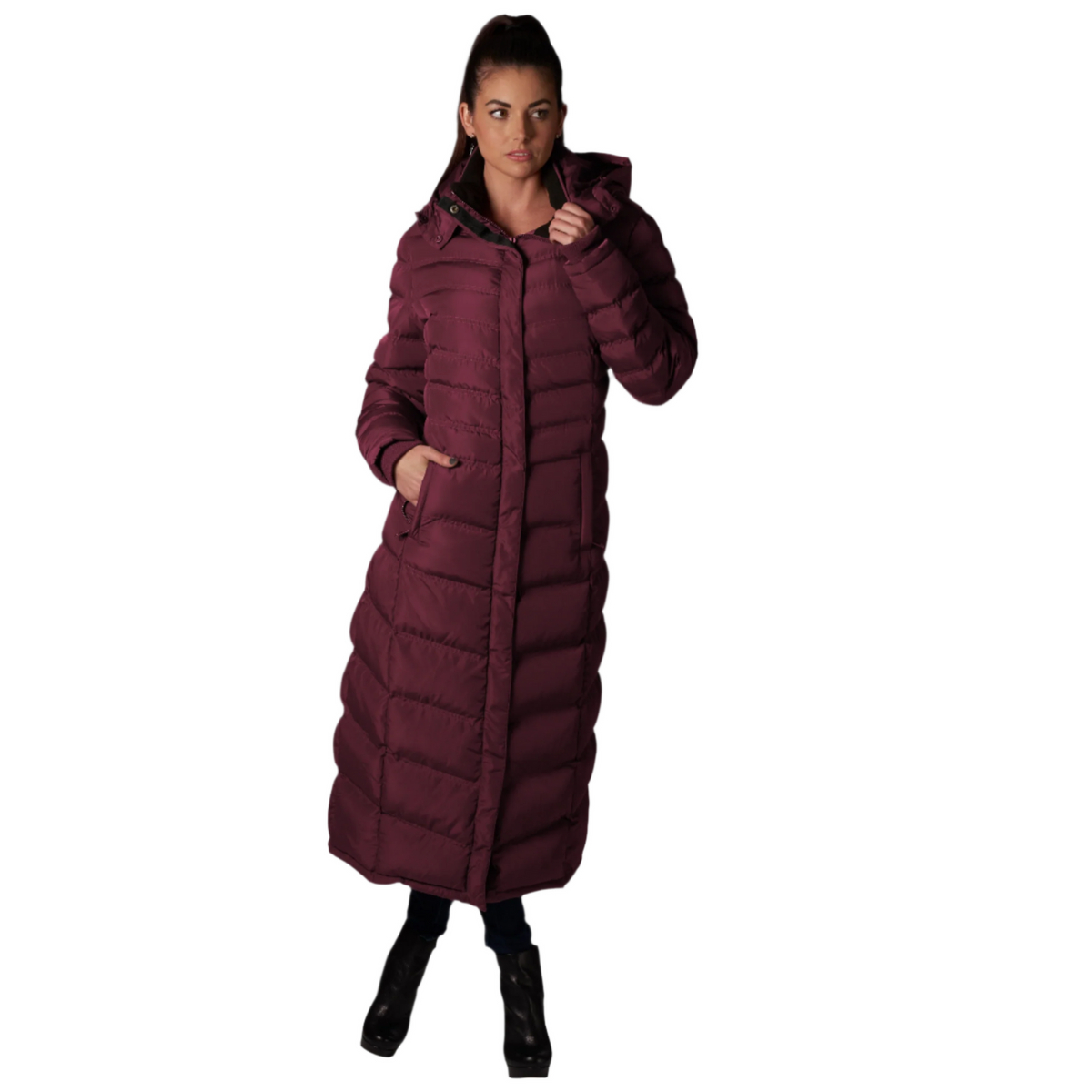 Full-Length Puffer Coat in deep burgundy with quilted pattern, zip front, hood, and long ankle-length design