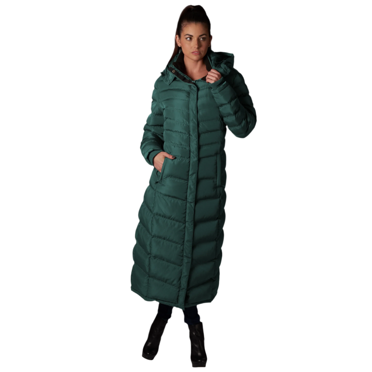 Full-Length Puffer Coat in deep green with quilted horizontal stitching, hood, and zippered pockets on model