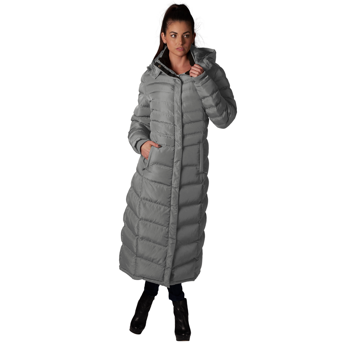 Full-Length Puffer Coat in light grey with horizontal quilted pattern, hood, zippered front and hand pockets, long ankle-length design