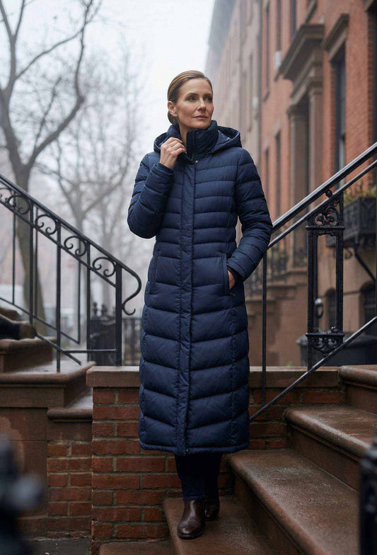 Full-Length Puffer Coat in dark navy polyester with horizontal quilted pattern and attached hood worn by woman