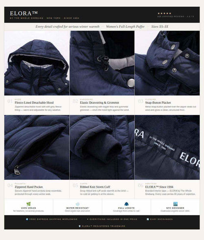 Full-Length Puffer Coat in deep navy blue with fleece-lined detachable hood, elastic drawstring, snap-button placket, zippered pockets, and ribbed knit storm cuffs
