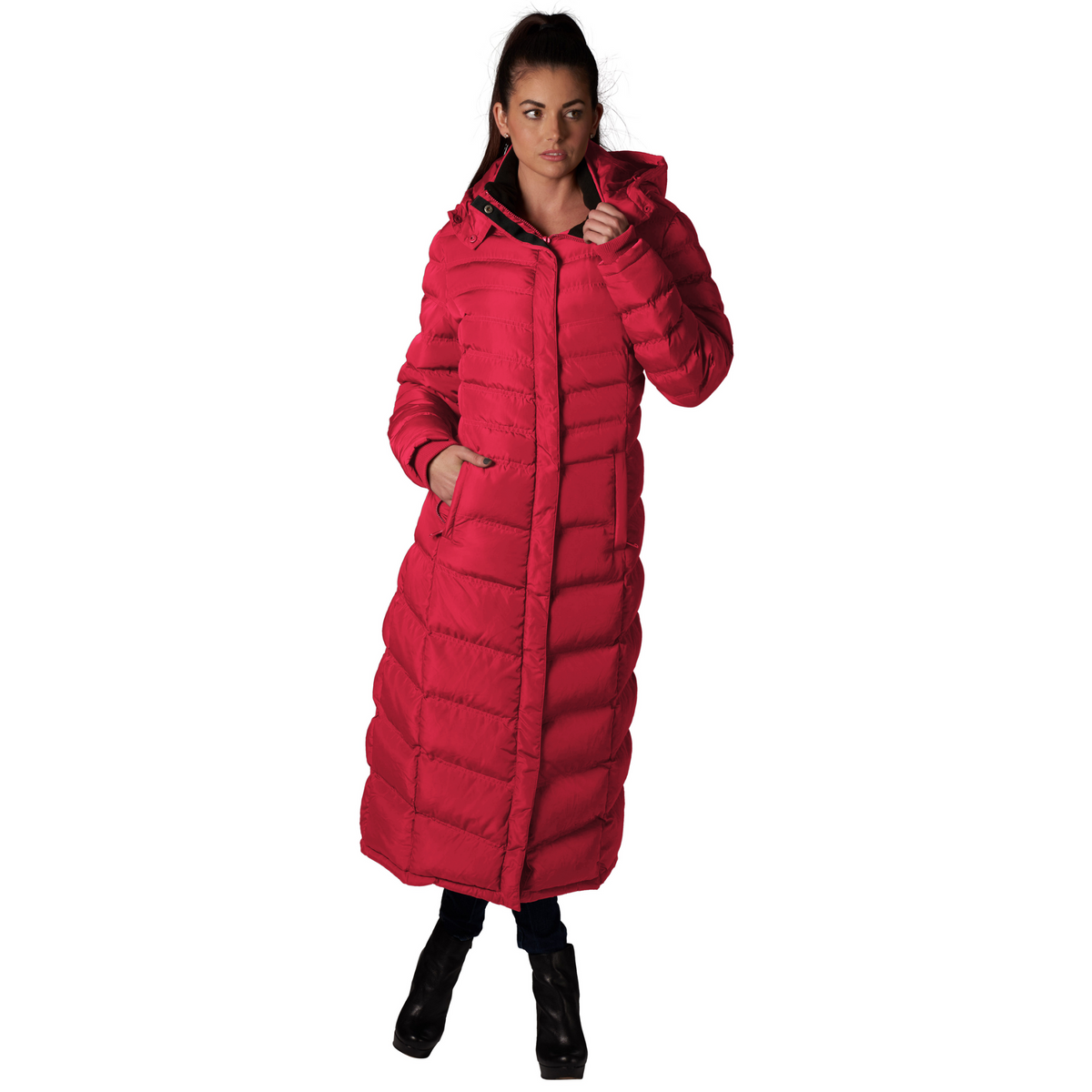 Full-Length Puffer Coat in bright red with quilted horizontal stitching, hood, zippered pockets, and ankle-length design worn by model