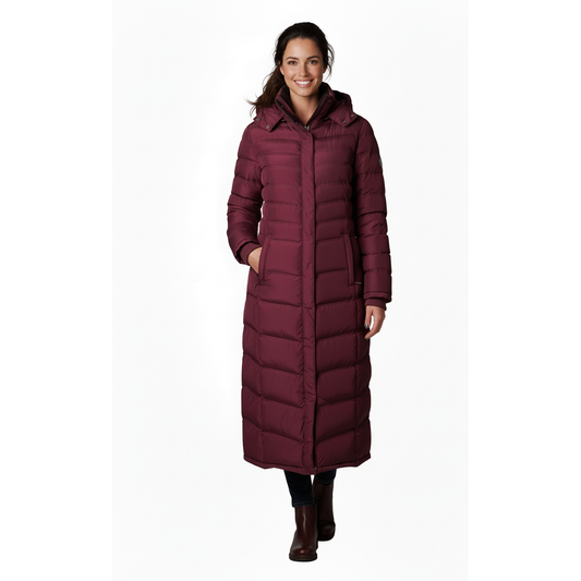 Women's full-length puffer coat in deep burgundy with horizontal quilting, hood, zip front, and side pockets designed as a Full-Length Puffer Coat.