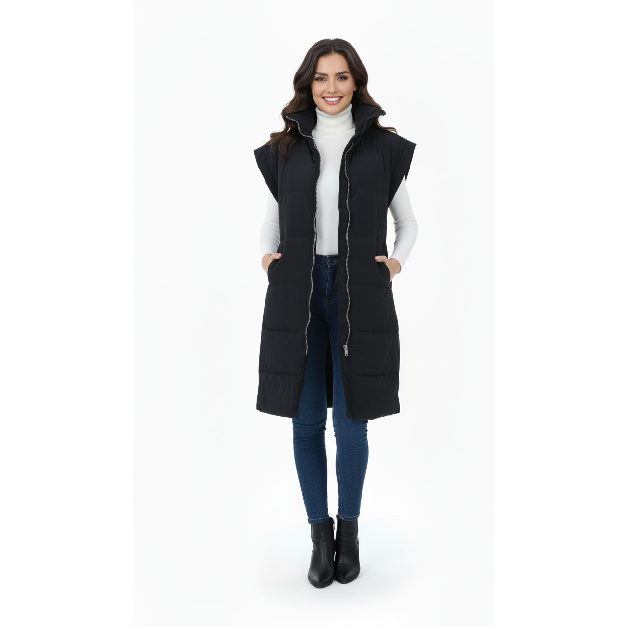 Woman wearing a black puffer vest over a white turtleneck and blue jeans on a white background