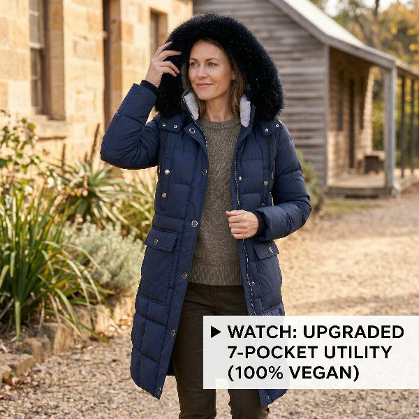 Technical demonstration of the ELORA 2566-8 Upgraded Utility Parka. Featuring knit rib cuffs with thumbholes, 7 functional smart pockets, and a dual-secure detachable faux-fur hood. High-density vegan insulation and polar fleece lining designed for the Australian winter by NYC specialists since 1992.