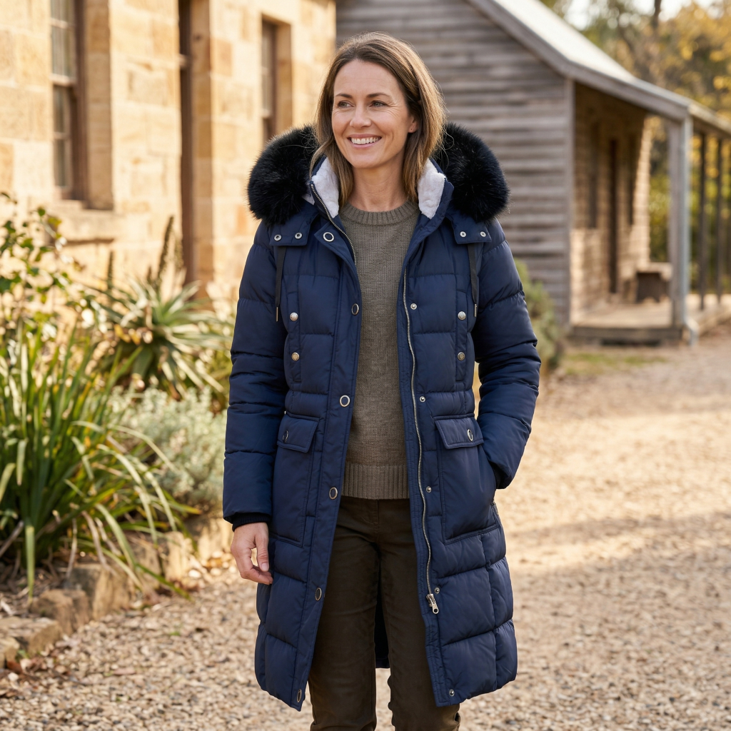 A woman wearing the Navy ELORA 2566-8 Upgraded Utility Parka in a rural Australian winter setting. 100% Vegan and cruelty-free technical design featuring a high-density thermal fill, modular hood, and 7 functional pockets. NYC technical specialist gear since 1992.