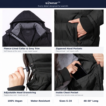 Black u2wear women’s full-length puffer coat details: fleece-lined collar with grey trim, zippered hand pockets, adjustable hood drawstring and inside chest pocket
