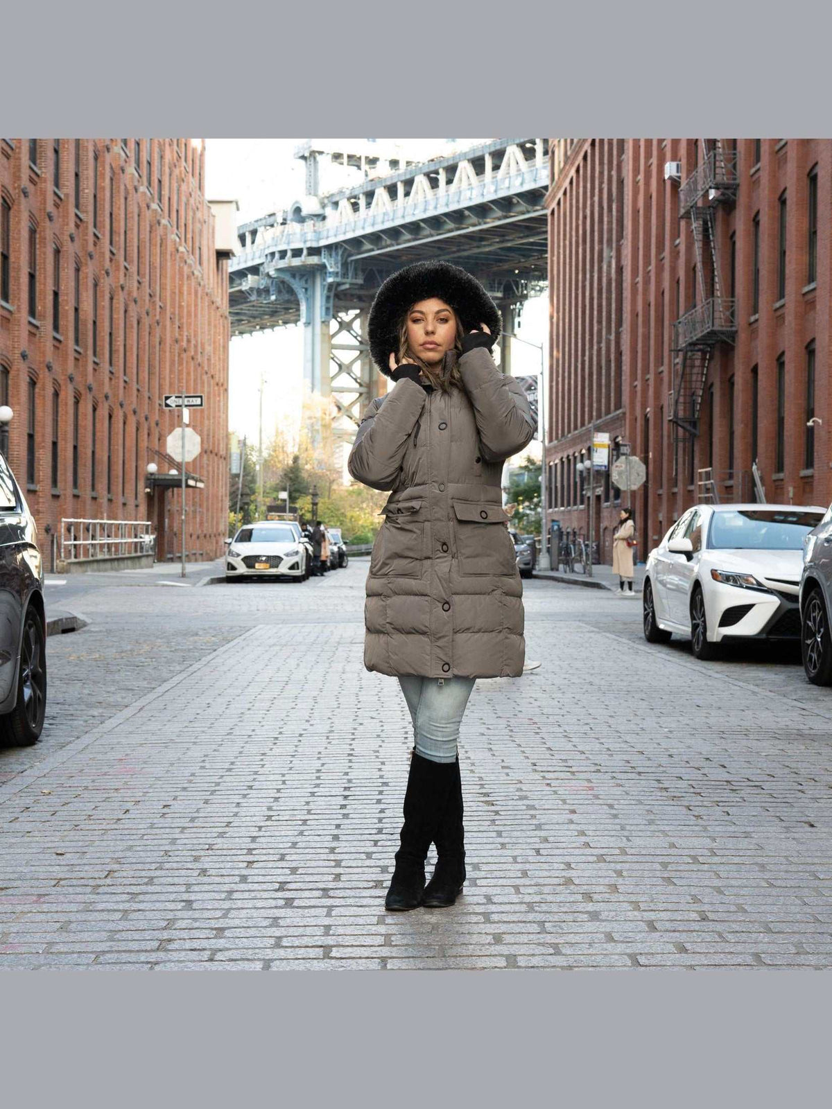 Womens winter coat ELORA heavyweight vegan down parka with 7-pocket utility and removable faux fur hood