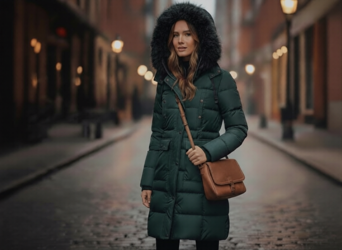 Womens heavyweight vegan down parka with 7 pockets for winter warmth and storm protection