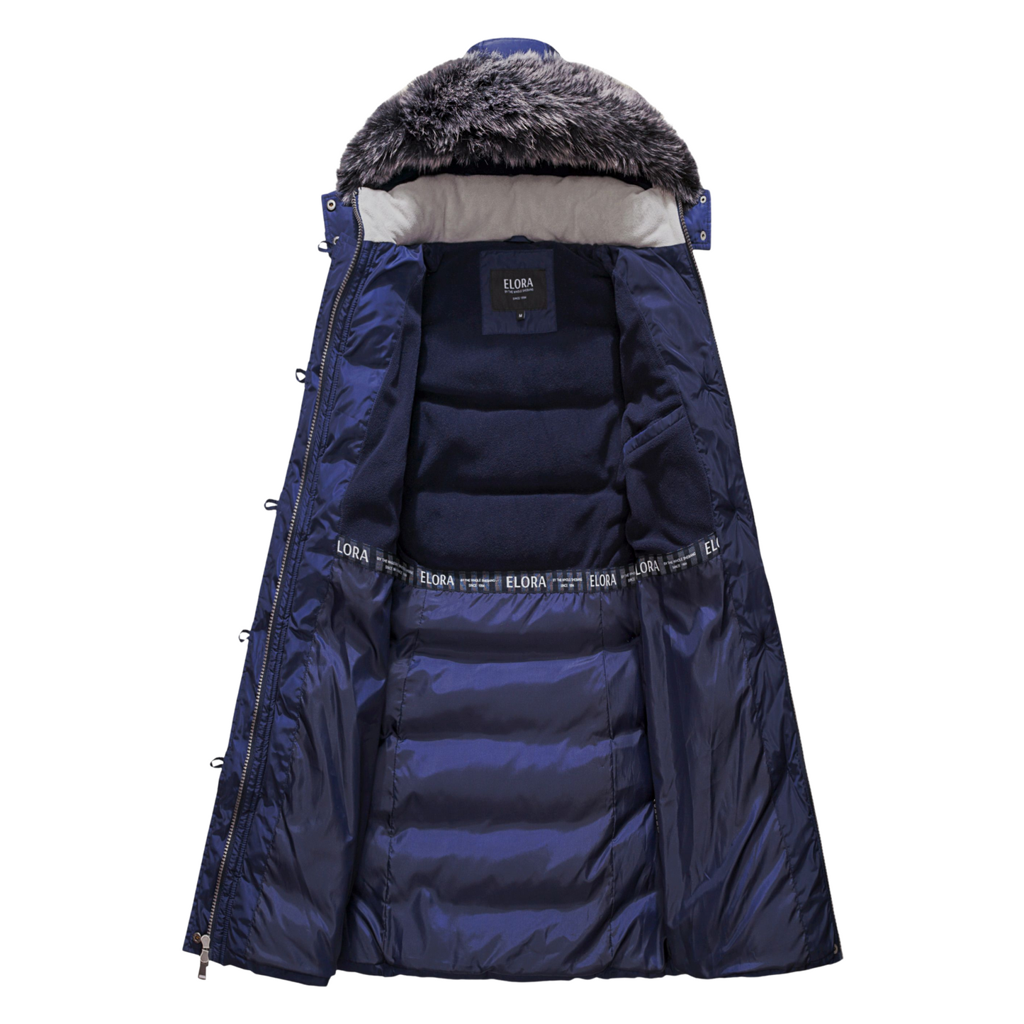 ELORA Women's Winter Vegan Down Puffer Parka with faux fur hood and interior view.