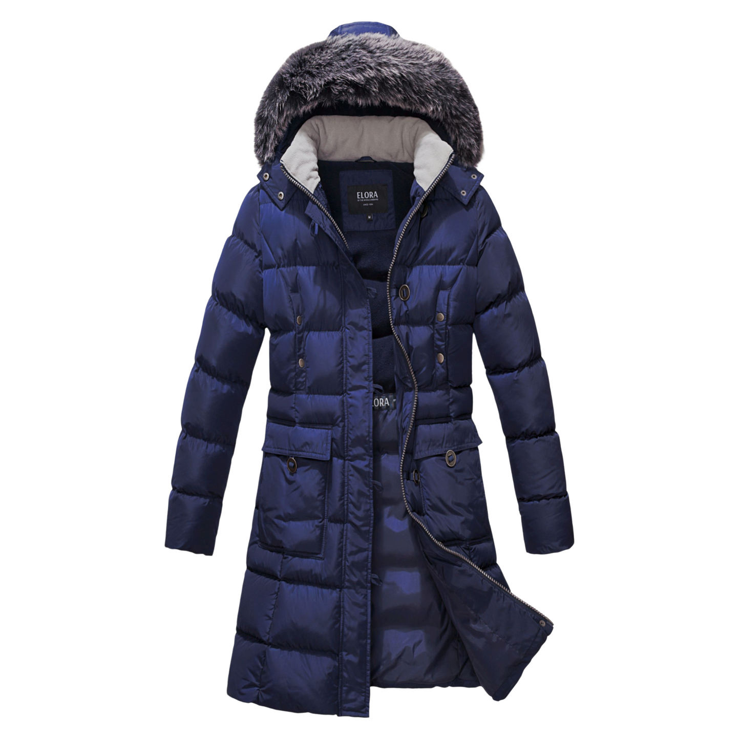 ELORA Women's Winter Vegan Down Puffer Parka with Faux Fur Hood and Cargo Pockets.