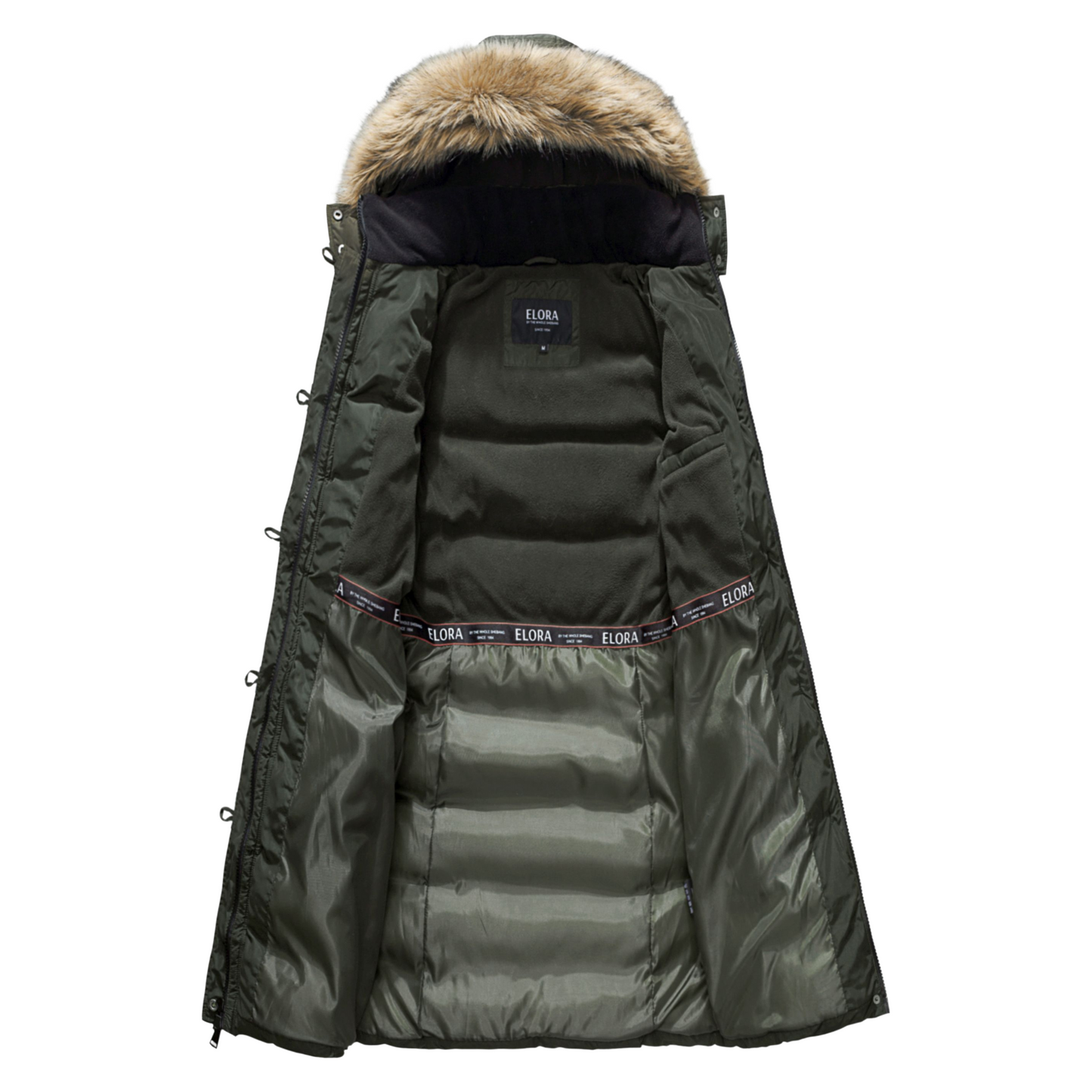 ELORA Women's Winter Vegan Down Puffer Parka Mid Length Cargo Seven Pocket Coat Faux-Fur Trim