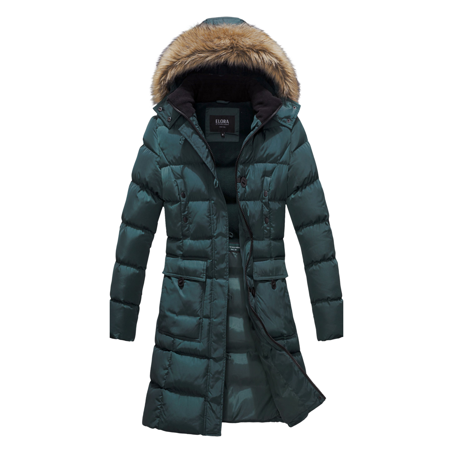 ELORA Women's Winter Vegan Down Puffer Parka Mid Length Cargo Seven Pocket Coat Faux-Fur Trim