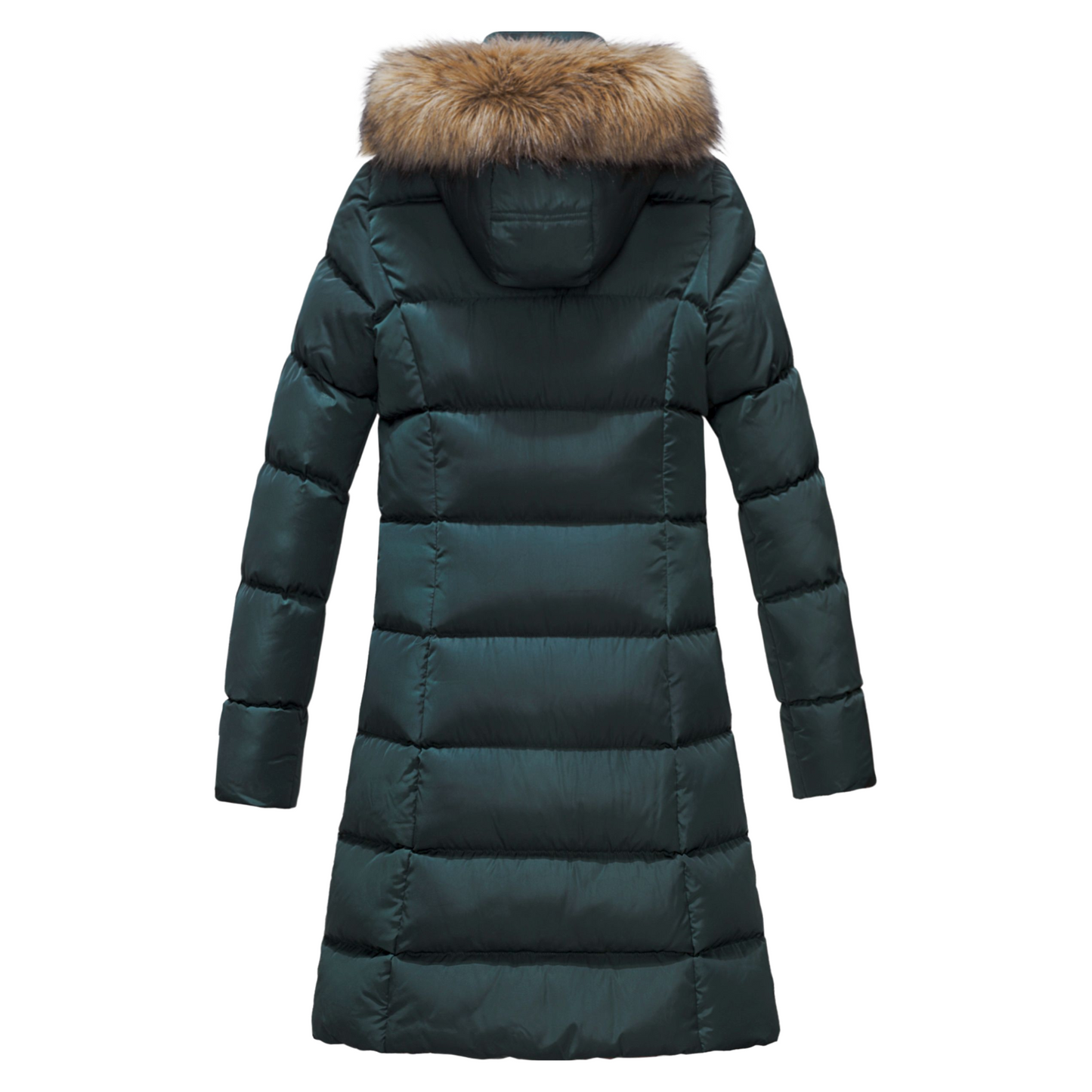 ELORA Women's Winter Vegan Down Puffer Parka Mid Length Cargo Seven Pocket Coat Faux-Fur Trim