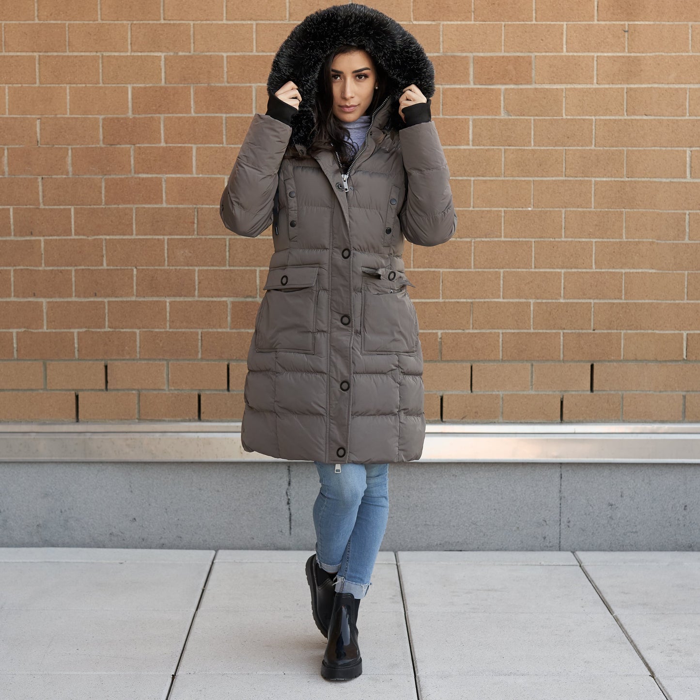 Elora Women's Winter Coat - Mid-length Cargo Coat with Detachable Hood