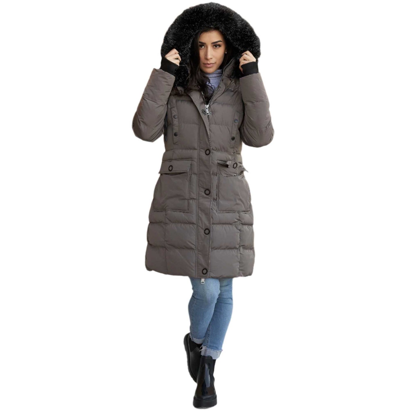 Elora Women's Winter Coat - Mid-length Cargo Coat with Detachable Hood