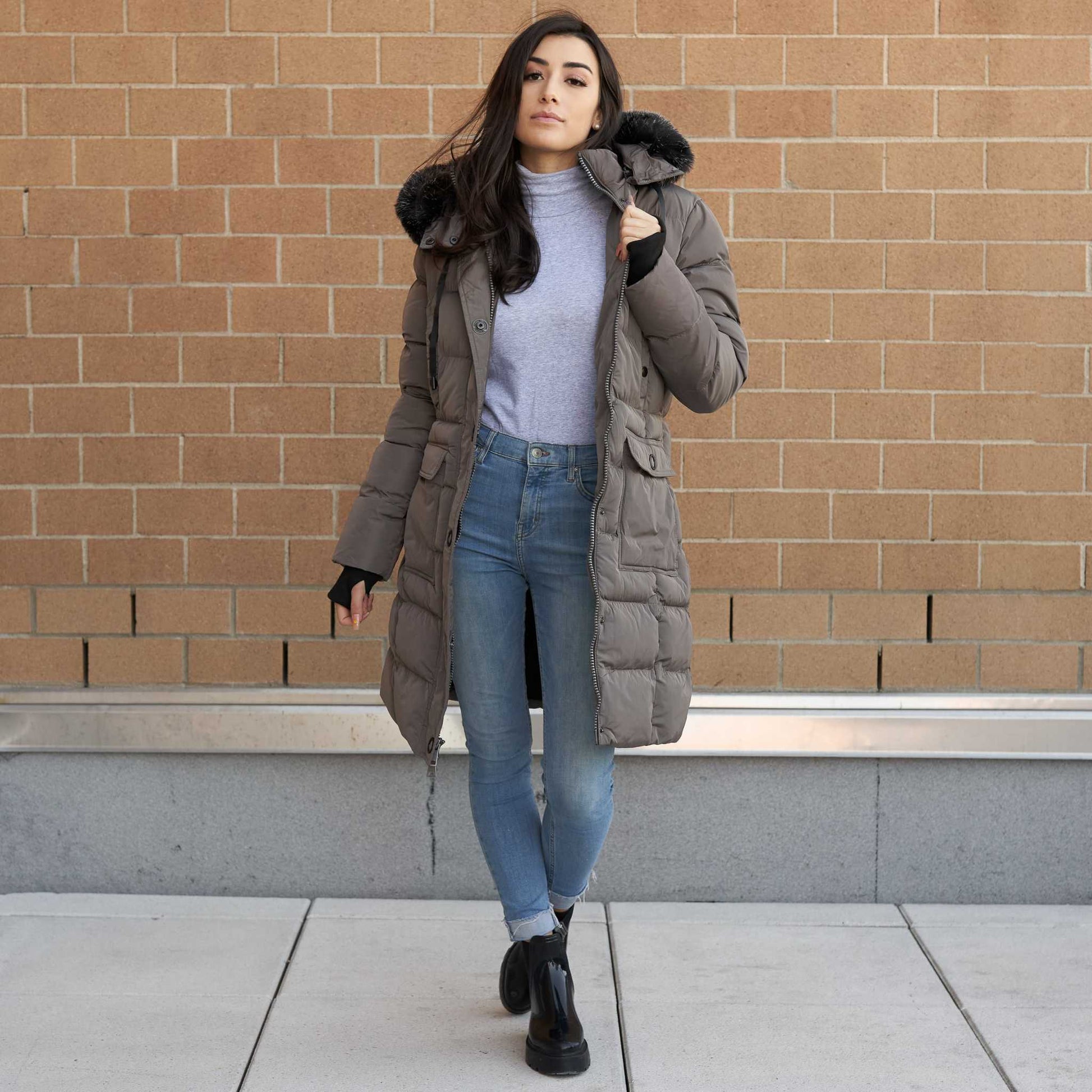 ELORA Down Vegan Heavy Women's Winter Coat with detachable faux fur hood, cargo pockets, and thumbhole cuffs.