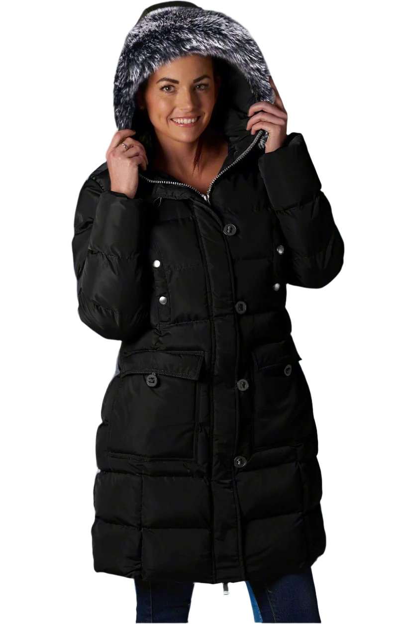 ELORA Women's Winter Vegan Down Puffer Parka Mid Length Cargo Seven Pocket Coat Faux-Fur Trim