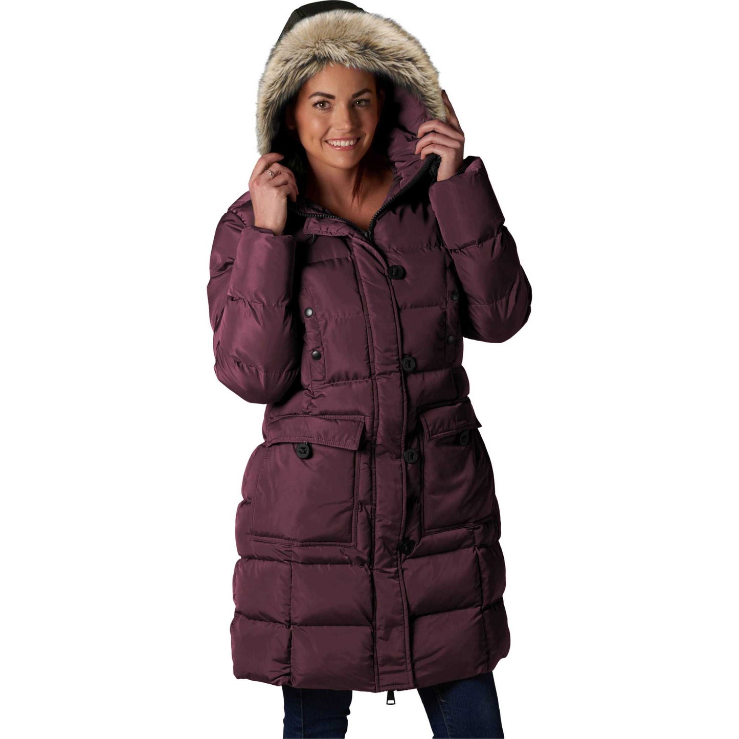 Women's mid-length vegan down puffer parka with faux fur hood by ELORA.