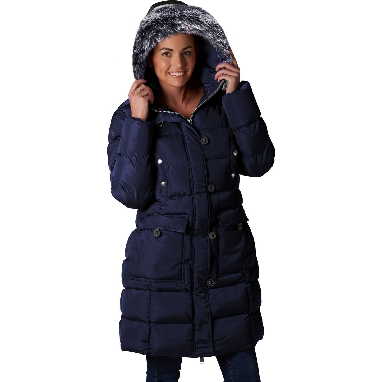 ELORA Women's Winter Vegan Down Puffer Parka Mid Length Cargo Seven Pocket Coat Faux-Fur Trim