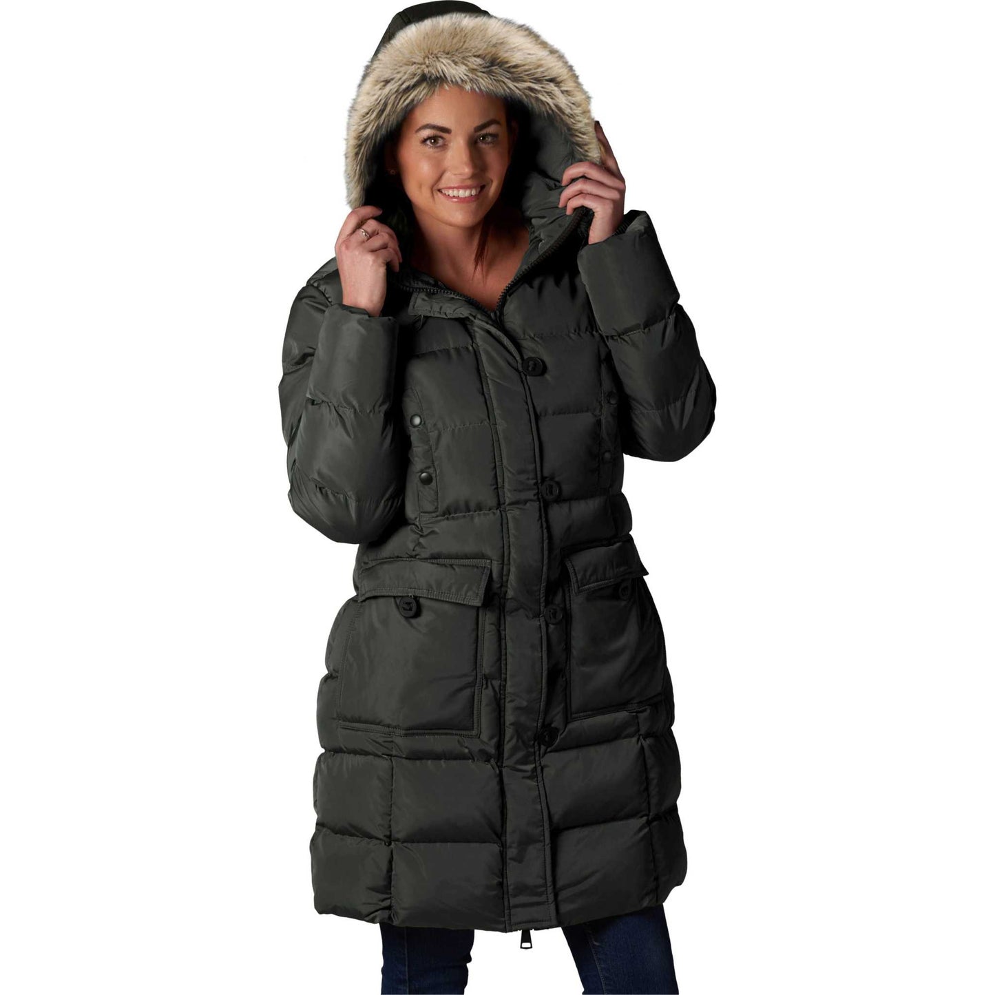 ELORA Women's Winter Vegan Down Puffer Parka Mid Length Cargo Seven Pocket Coat Faux-Fur Trim