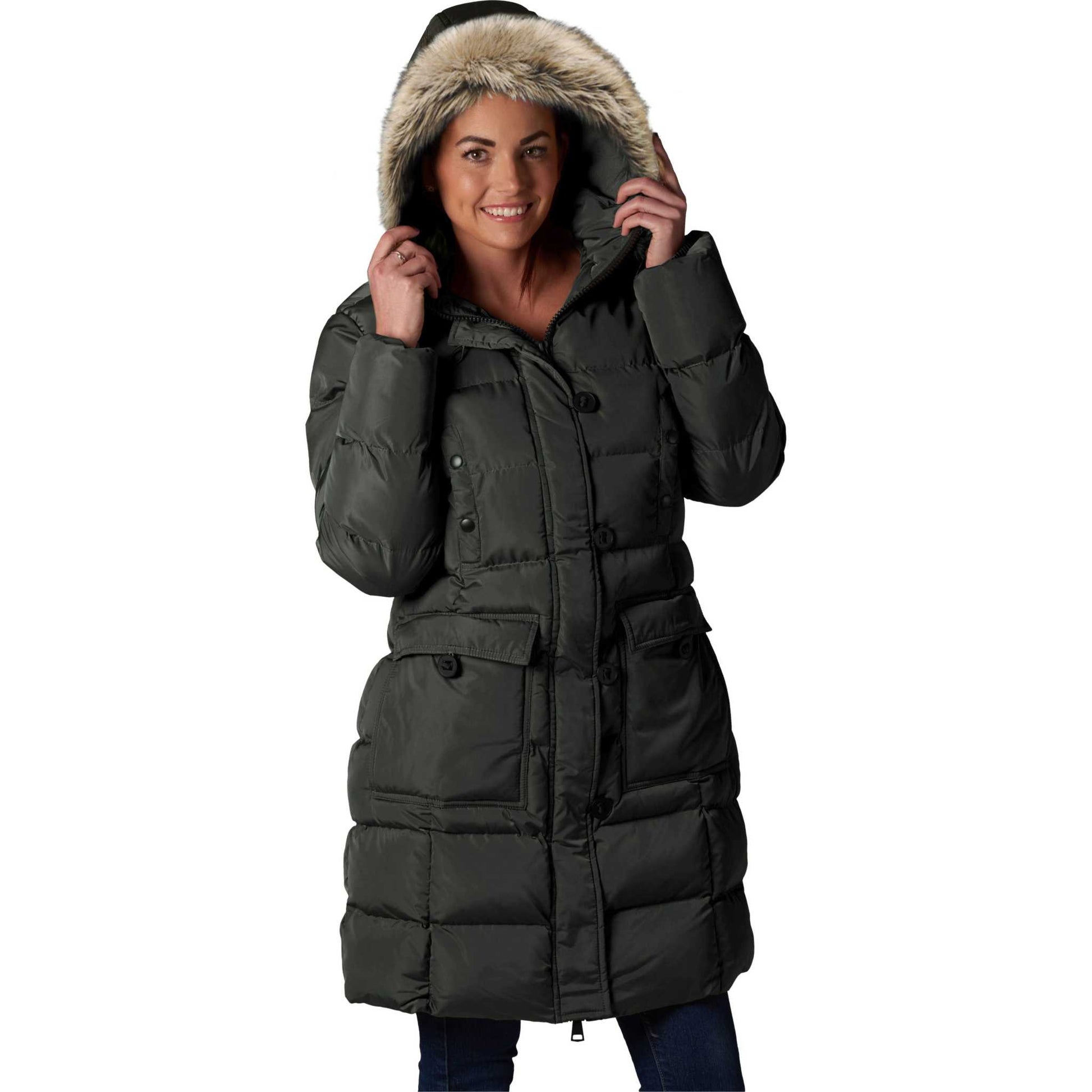 ELORA Women's Winter Vegan Down Puffer Parka with Cargo Pockets and Faux Fur Trim Hood.