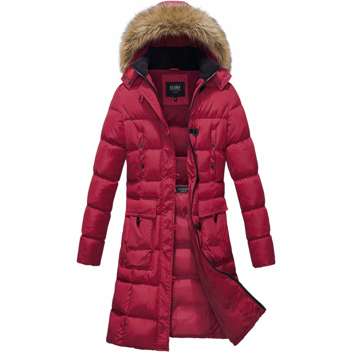 Womens mid-length vegan down winter coat in red with faux fur hood and multiple pockets