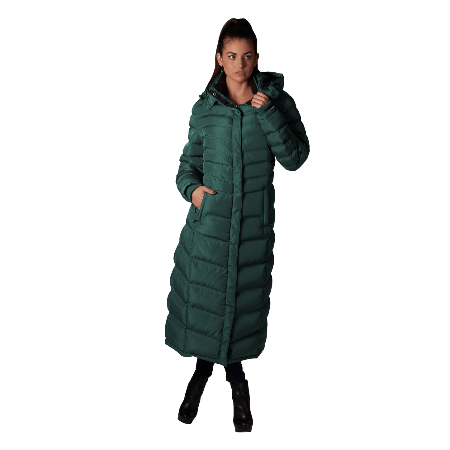 Women's Full Length Fleece Lined Puffer Long Coat with detachable hood.