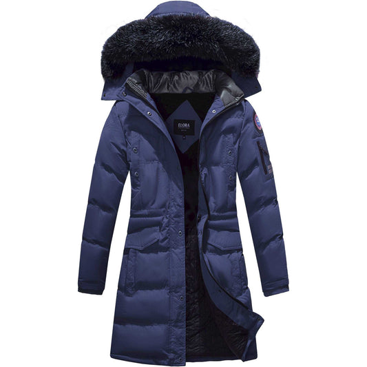 Women's winter heavyweight mid-length puffer coat with faux fur hood and fleece lining.