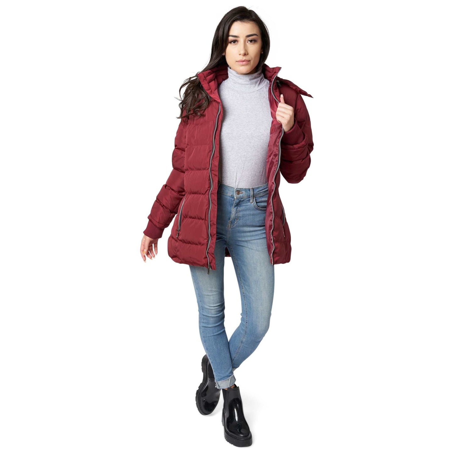 Women's Short Coat Puffer with Faux-Fur Detachable Hood