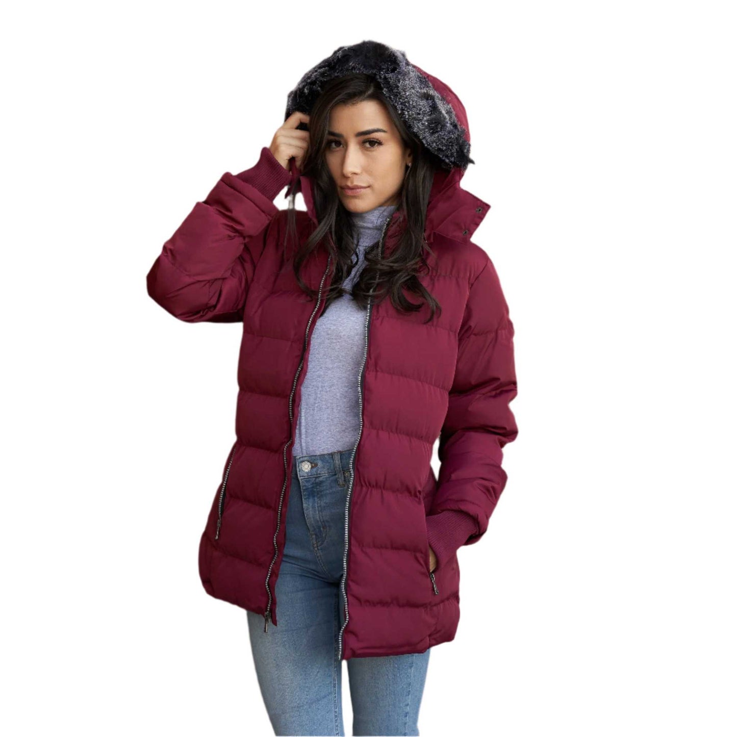 Women's Short Coat Puffer with Faux-Fur Detachable Hood