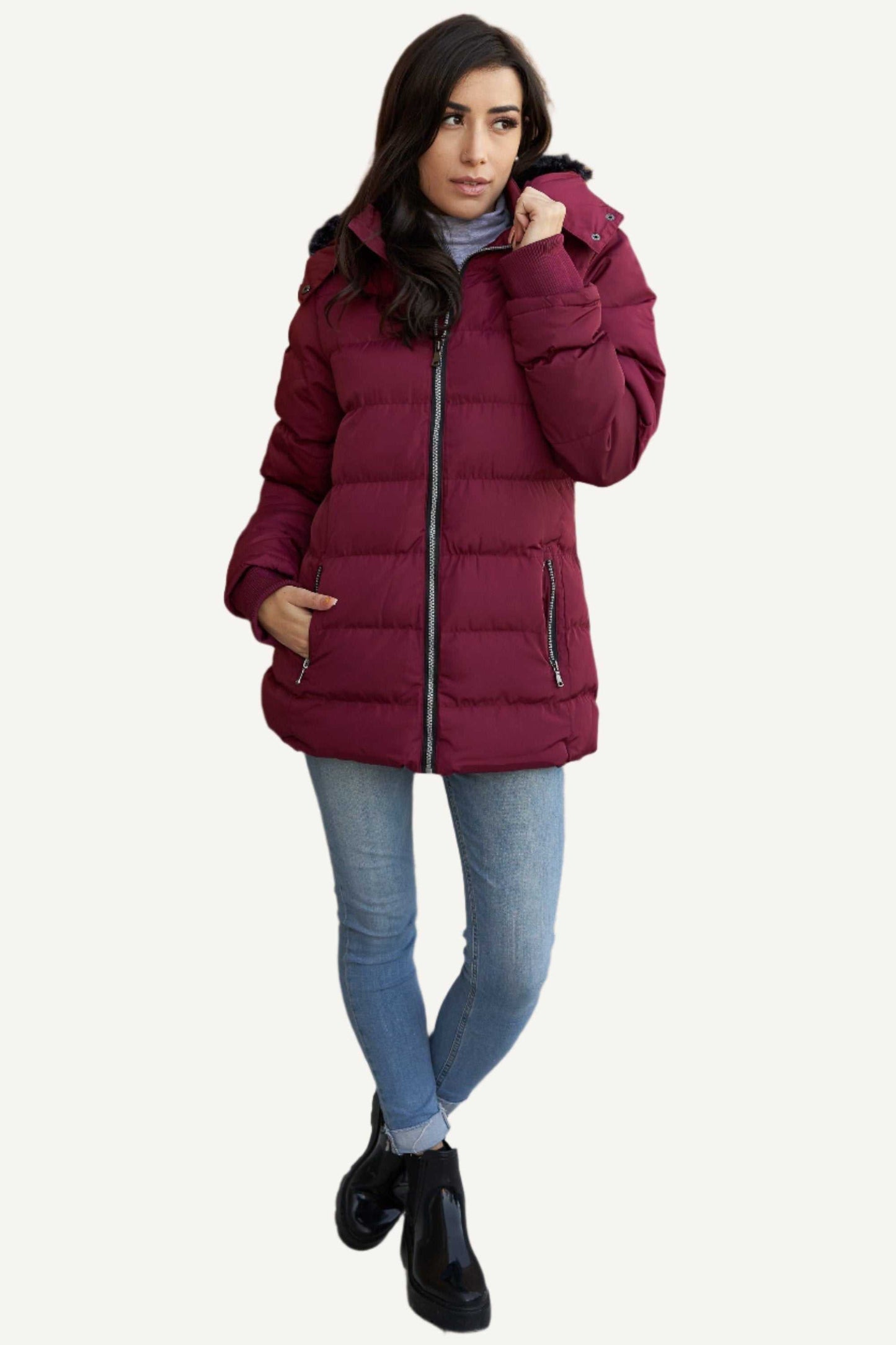 Women's Short Coat Puffer with Faux-Fur Detachable Hood