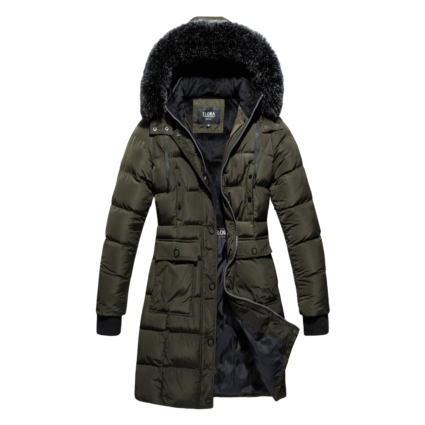 ELORA vegan heavy women's winter coat with detachable hood, faux fur trim, and cargo pockets.