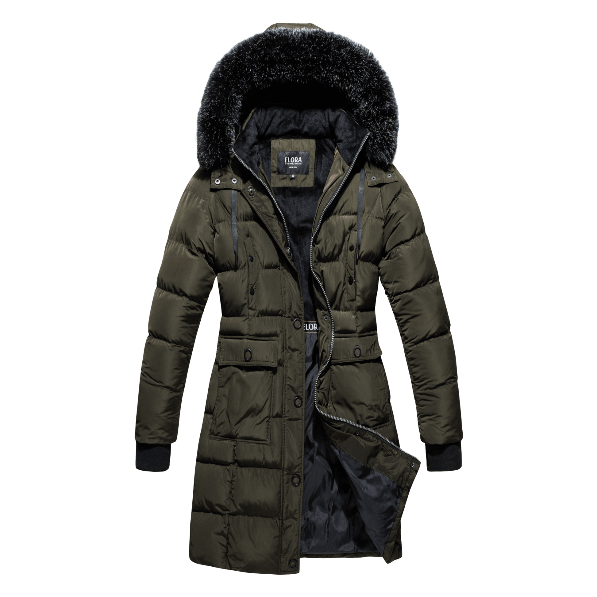 ELORA vegan heavy women's winter coat with detachable hood, faux fur trim, and cargo pockets.