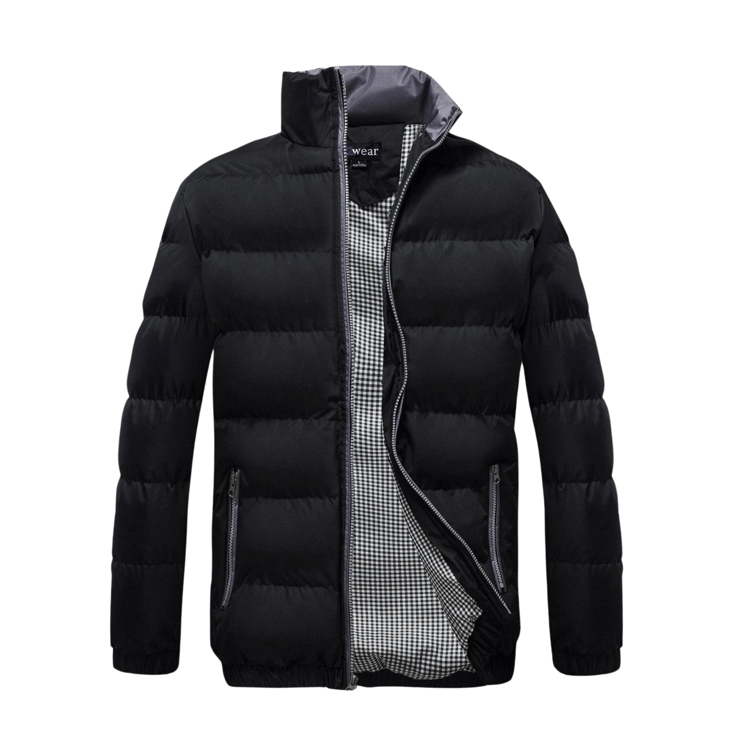 Mens puffer Jacket with checkered lining, water-resistant, and zip closure.