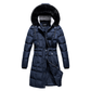 Vegan down heavy women's winter coat with detachable hood, faux fur trim, and cargo pockets.