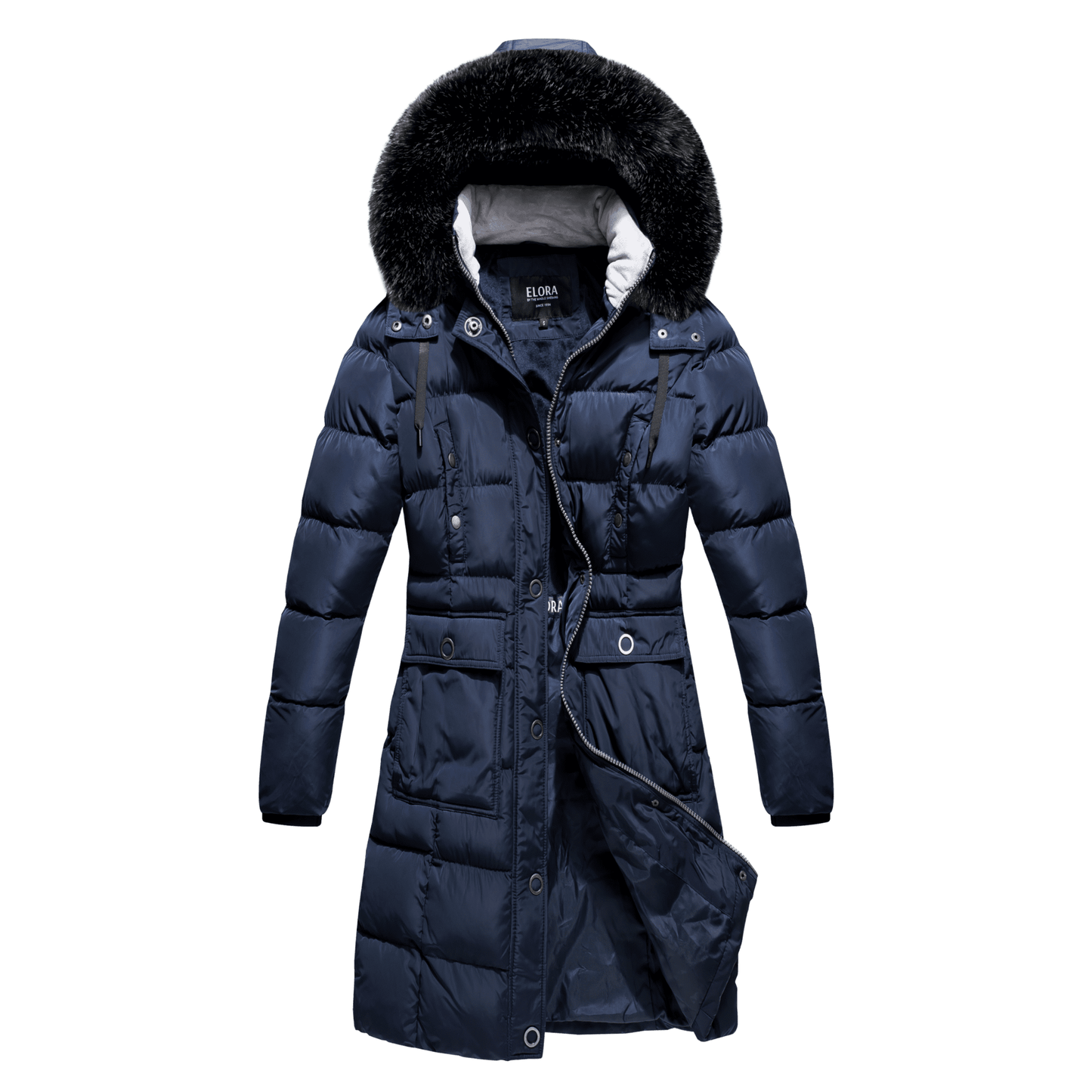 Vegan down heavy women's winter coat with detachable hood, faux fur trim, and cargo pockets.