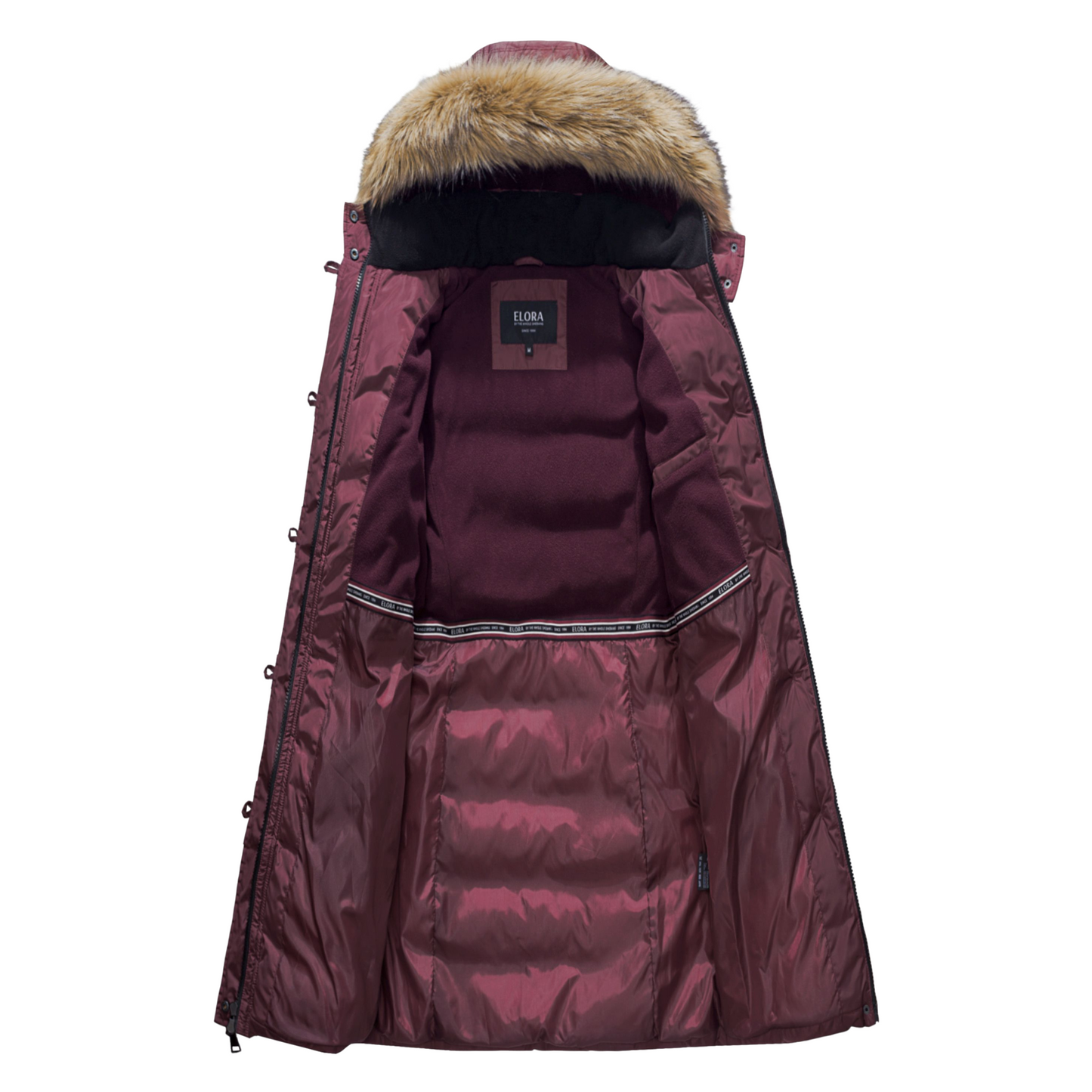 ELORA Women's winter vegan down puffer parka with faux fur trim hood and polar fleece lining.