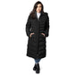 Women's warm winter coat, Elora Maxi Puffer, black, with detachable hood and metal zippered pockets.
