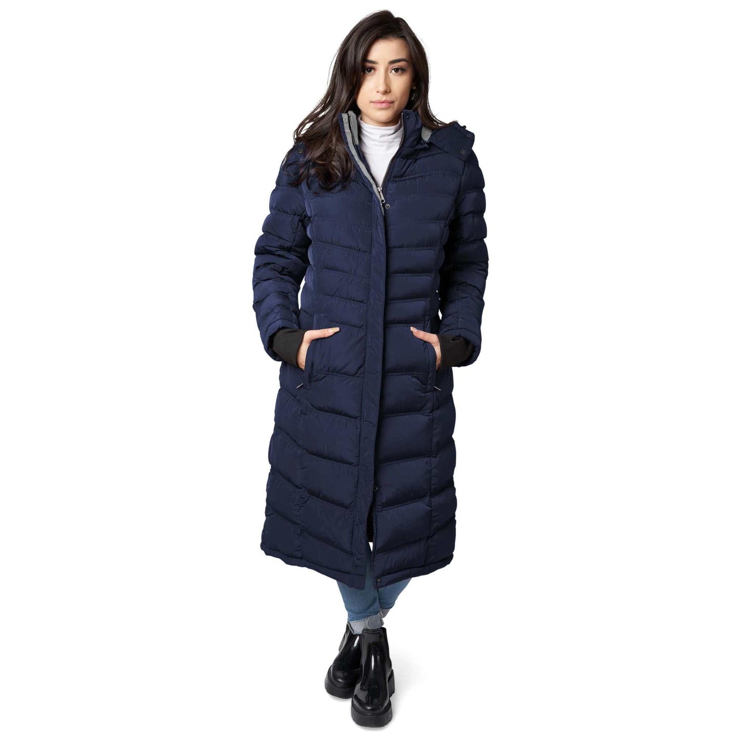Elora Maxi Puffer vegan warm winter coat for women, 40-inch long with detachable hood and metal zipper.
