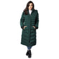 Women's green Elora Maxi Puffer vegan winter coat with detachable hood, zipper front, and polar fleece lining.