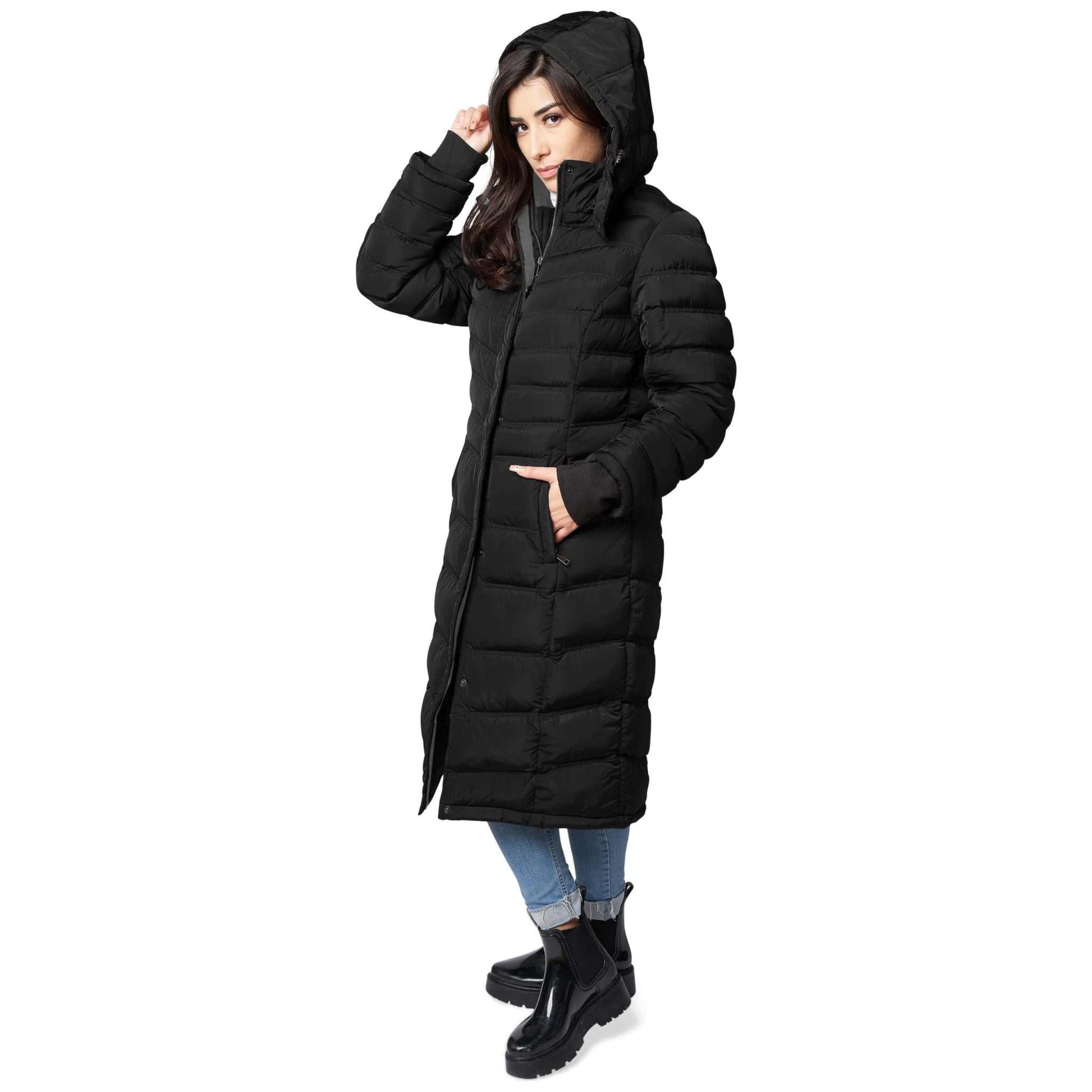 Elora Maxi Puffer: Women's warm vegan winter coat with hood and zippered pockets.