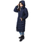 Vegan 40-inch navy winter coat with detachable hood and zippered pockets.