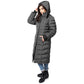 Woman wearing Elora Maxi Puffer coat with hood, showcasing warm winter style.