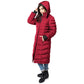 Women's warm winter coat, red puffer with detachable hood, metal zipper, and polar fleece lining.