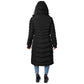 Women's warm winter coat with detachable hood, metal zipper, and rib cuffs, black.