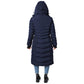 Woman wearing Elora Maxi Puffer vegan winter coat with hood, navy blue, full-length view.