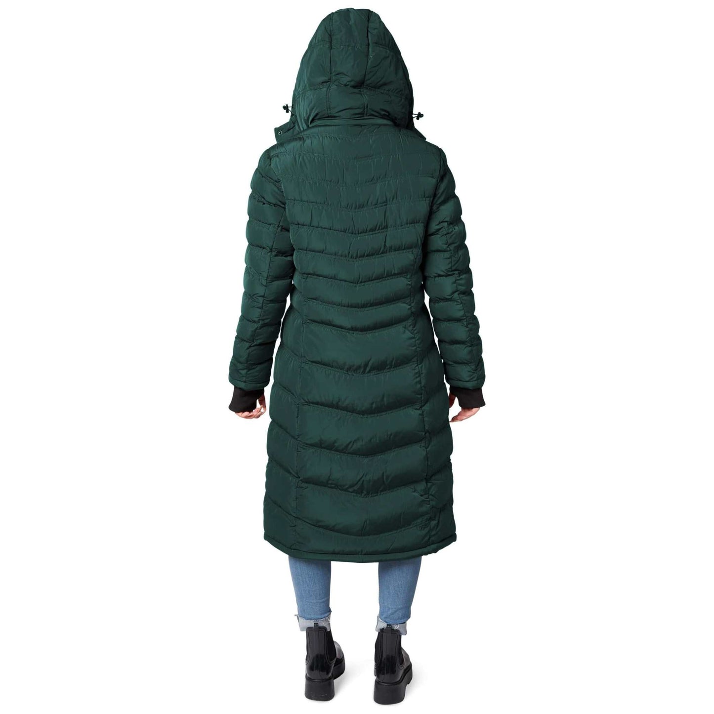 Elora Maxi Puffer vegan winter coat, 40-inch length, warm and stylish for women.
